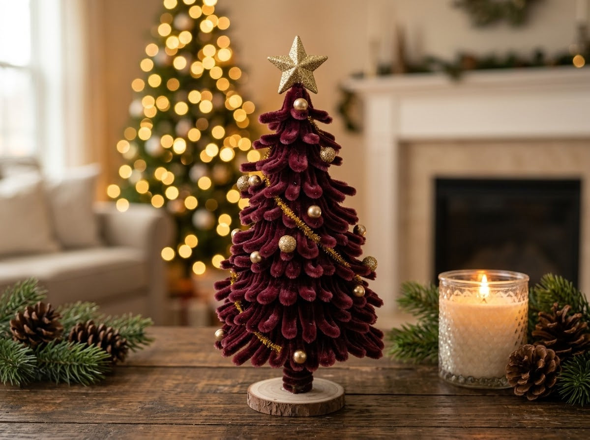Burgundy Chenille Christmas Tree with Gold Star and Gold Ornaments