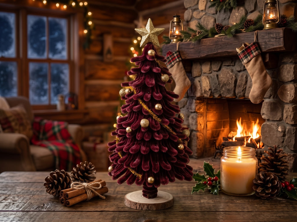 Burgundy Chenille Christmas Tree – Gold Star & Gold Ornaments