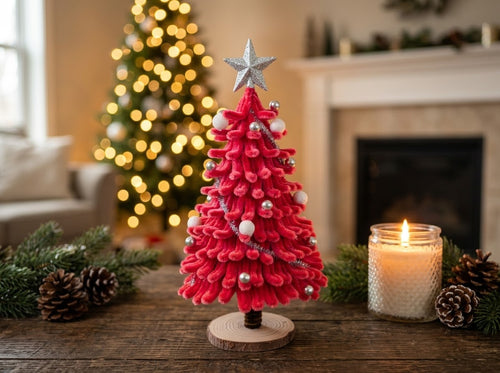 A red fuzzy Christmas tree with a silver star topper, silver and white ornaments, and a silver glitter garland.