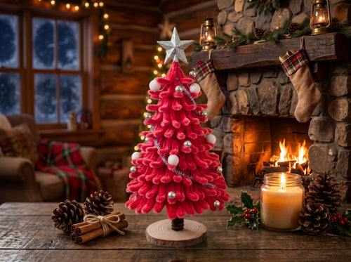 Crimson Pink Chenille Christmas Tree – Silver Star & White Pompom Ornaments