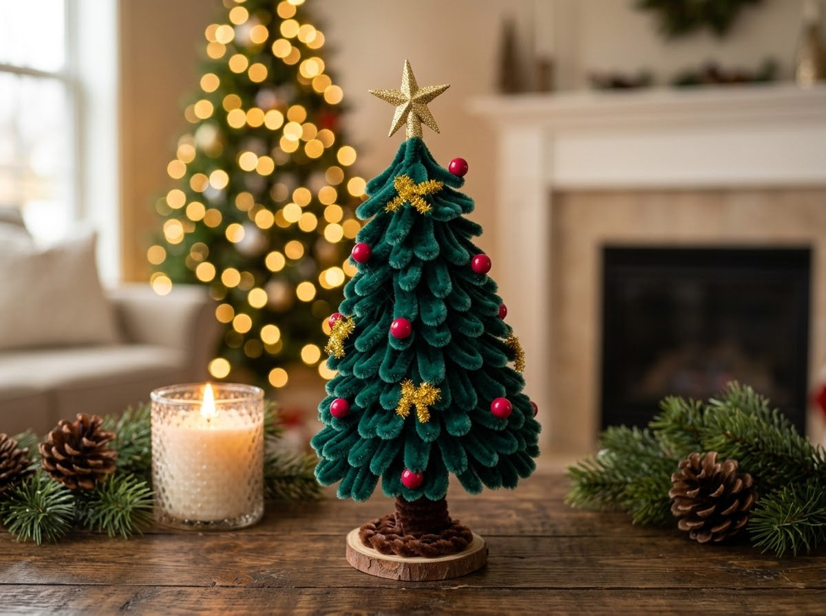 A decorative Christmas tree made of emerald green chenille, decorated with red ornaments, gold bows, and a gold star topper.