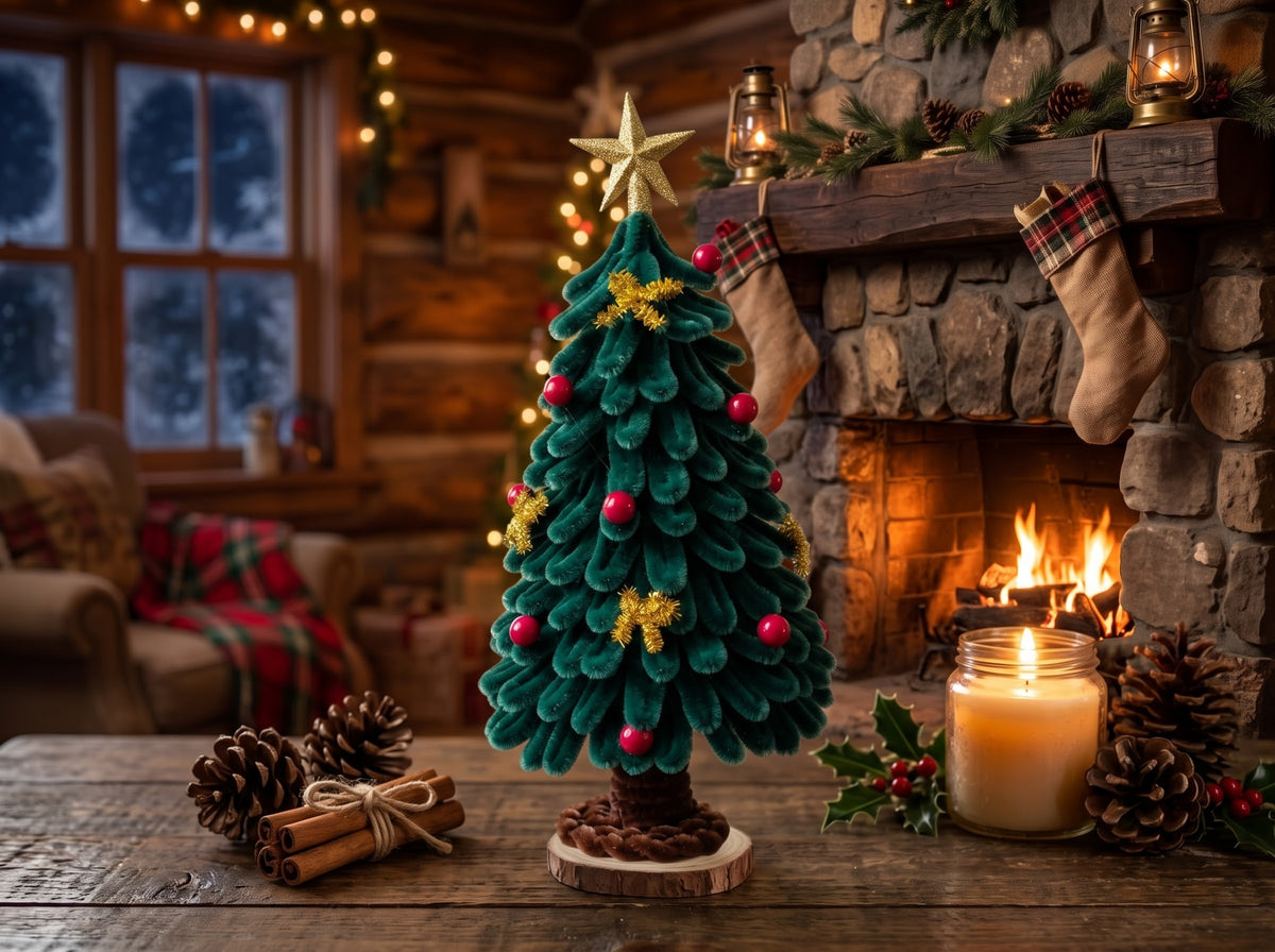 Emerald Green Chenille Christmas Tree – Gold Star & Red Berry with Gold Tinsel