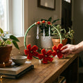 Floral Hoop Tabletop Centerpiece with red handcrafted flowers and crystal pendants