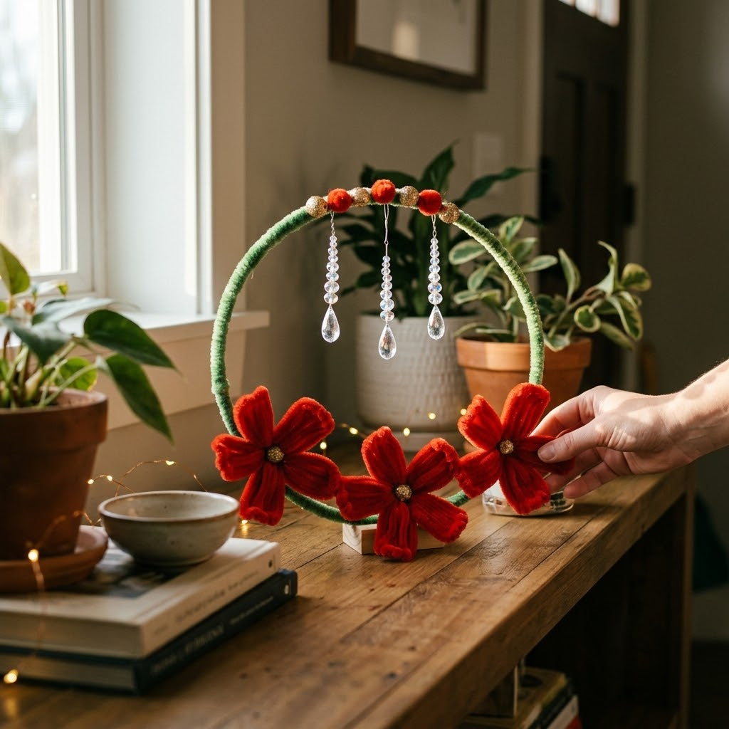 Floral Hoop Tabletop Centerpiece with red handcrafted flowers and crystal pendants