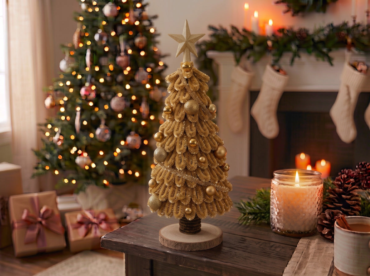 Gold Glam Chenille Christmas Tree – Gold Star & Gold Ball Ornaments