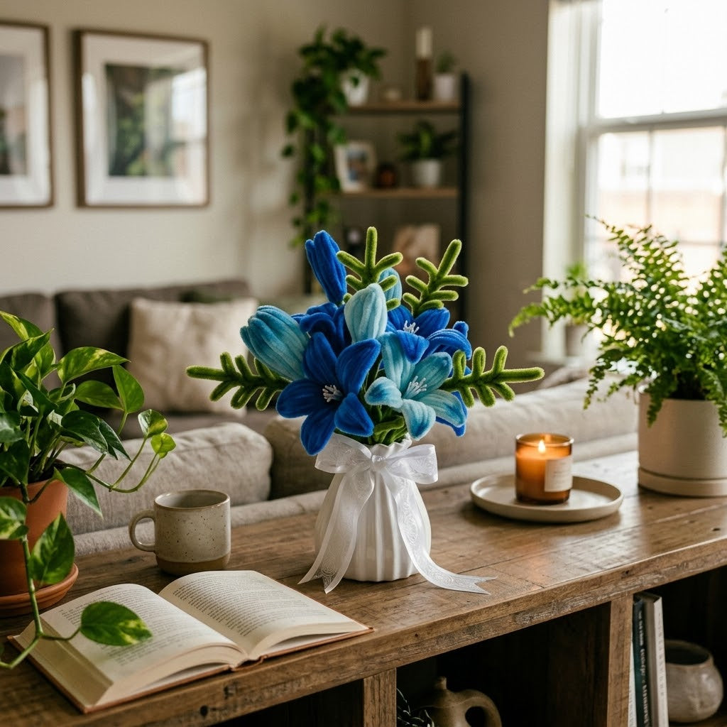 Handcrafted Everlasting Bloom Vase with deep blue and light blue lily flowers and green fern foliage in a white ceramic vase with white satin ribbon bow