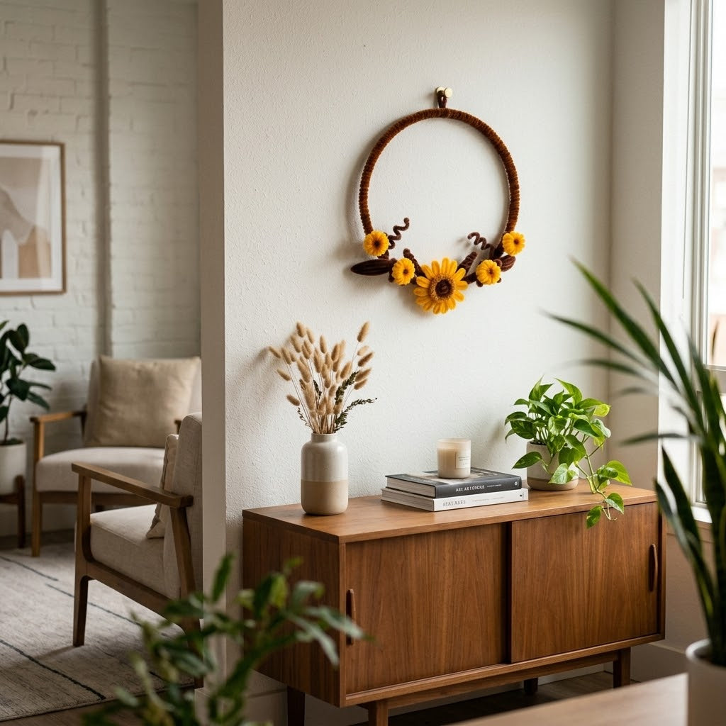 Handmade Floral Hoop Wreath with yellow sunflowers and brown chenille hoop hanging on a wall