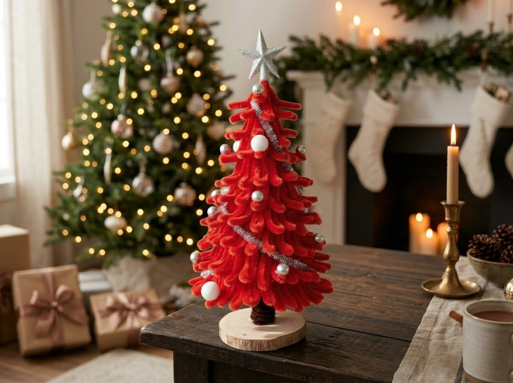 A red textured  Chenille Christmas tree with a silver star topper, silver garland, and white ornaments stands on a round wooden base.