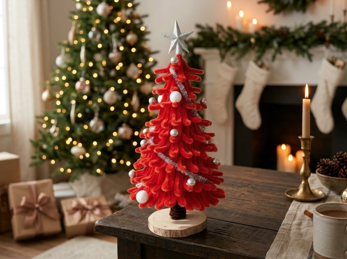 A red textured  Chenille Christmas tree with a silver star topper, silver garland, and white ornaments stands on a round wooden base.