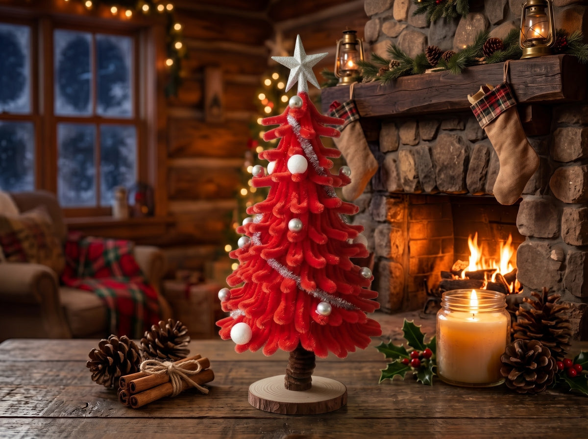 Red Chenille Christmas Tree – Silver Star & White Ornaments