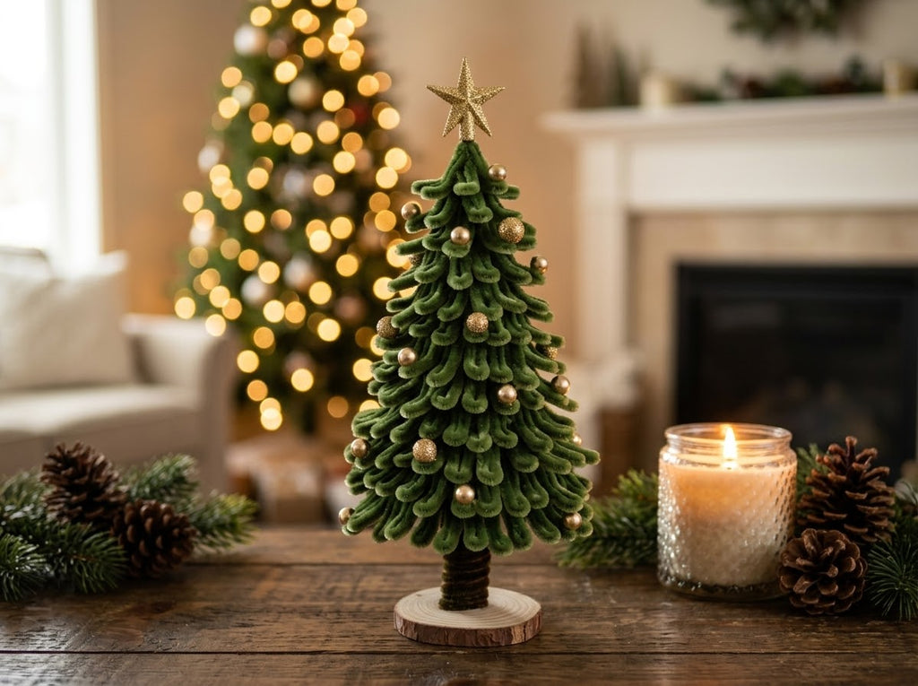Sage Green Chenille Christmas Tree with Gold Star and Gold Ornaments