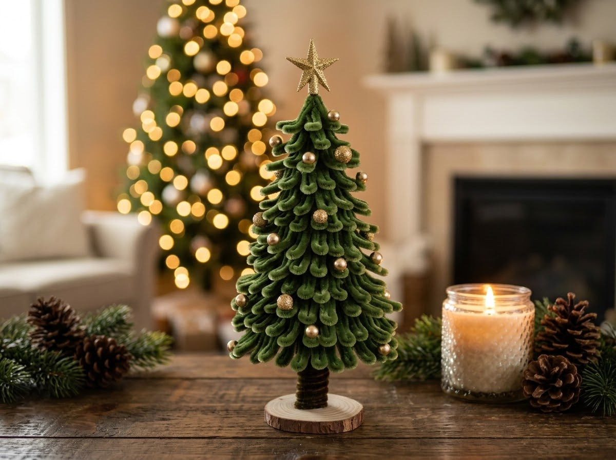 Sage Green Chenille Christmas Tree with Gold Star and Gold Ornaments