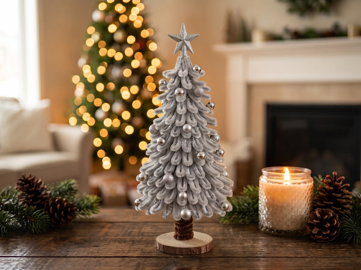 Silver Glam Chenille Christmas Tree – Silver Star & Silver Ball Ornaments