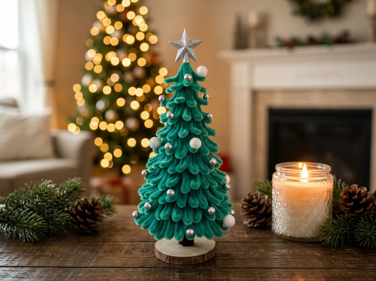 A small teal felt Christmas tree with a silver star topper and white and silver ornaments stands on a wooden base.