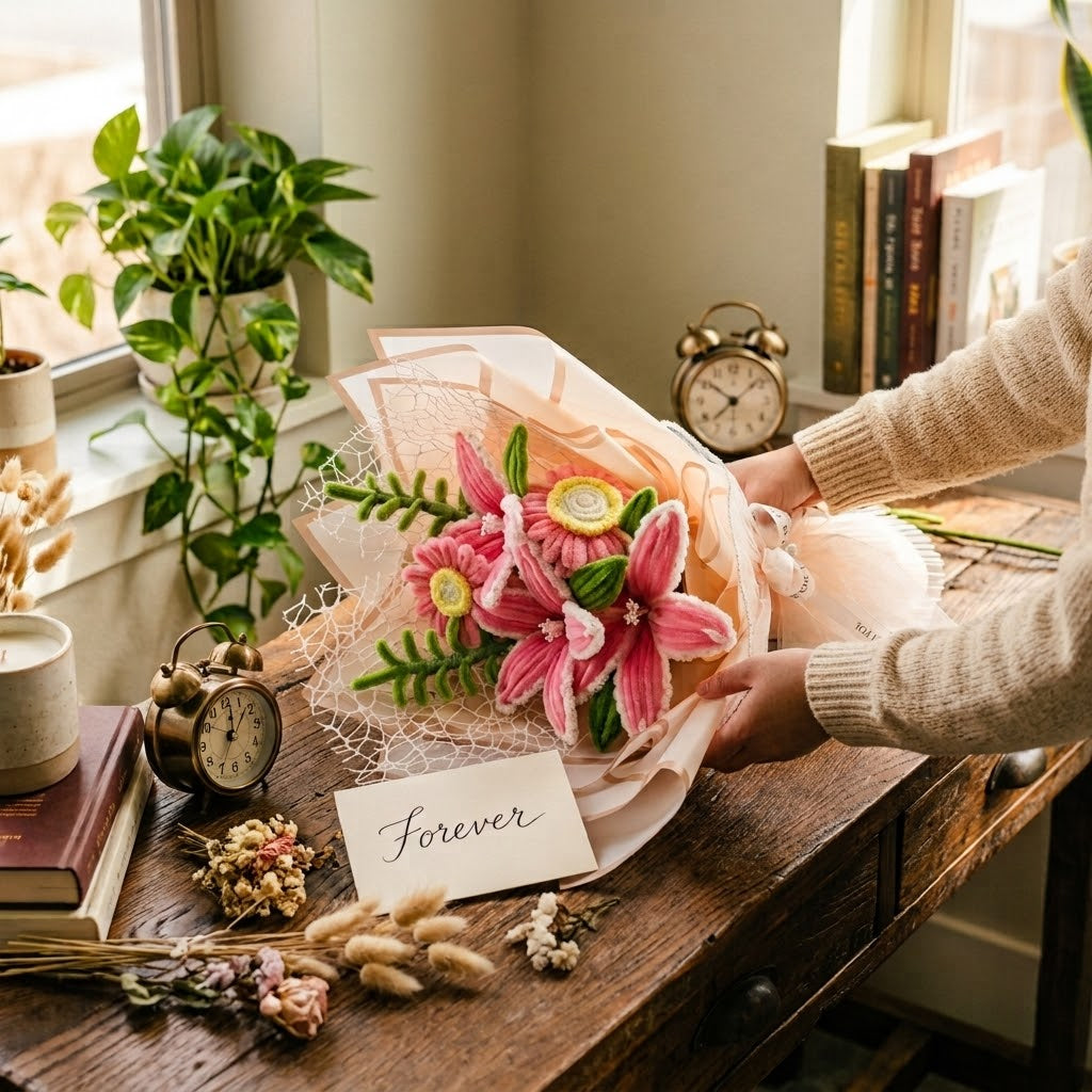 The Forever Blossom Bouquet — handcrafted pink lily and daisy chenille flowers with green fern foliage wrapped in peach tissue and lace mesh netting with a Forever card